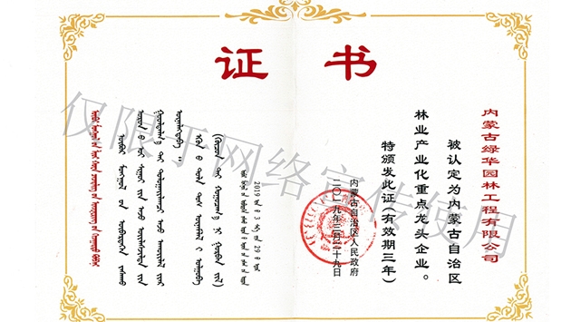 標題：內蒙古龍頭企業榮譽證書
瀏覽次數：1723
發表時間：2019-10-26